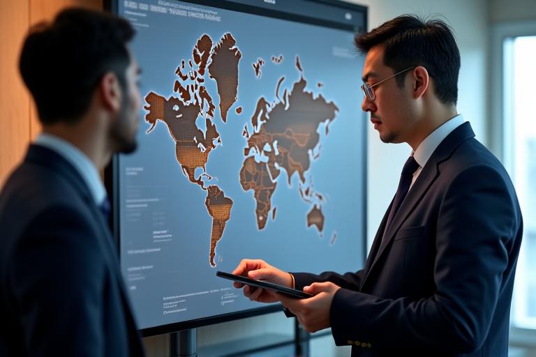 プロフェッショナルなコンサルタントが地球儀とビジネスデータを示すタブレットを前に、ビジネス会議を行っている風景